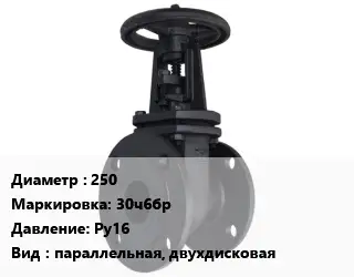 Задвижка чугунная 250 30ч6бр Ру16 параллельная, двухдисковая
